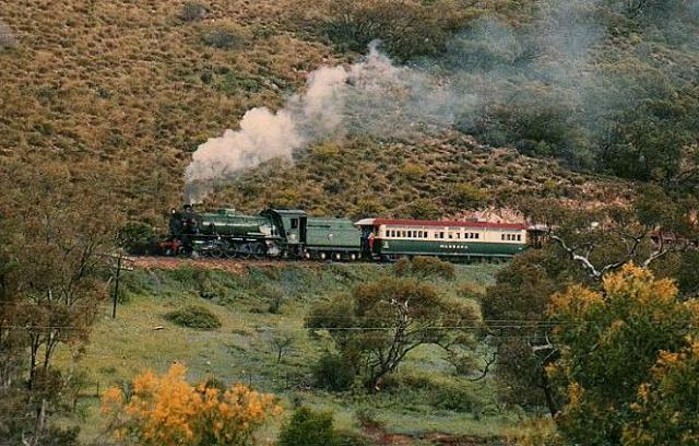A Former Western Australian W class steam locomotive
 and train in the Pichi Richi Pass South Australia